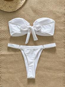 Swim Mod Springbreak 女士夏季纯色抹胸金属装饰上衣和丁字裤比基尼 2 件套，简约 - 白色 - 查看 2