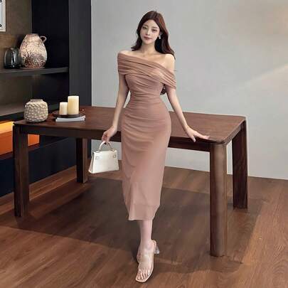 어깨 노출 솔리드 러싱 사이드 메쉬 오버레이 홈커밍 드레스 우아한 선드레스, 웨딩 드레스, 학교 복귀 의상