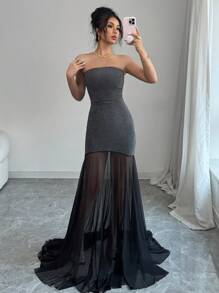 Elenzga Nouvelle robe de soirée de luxe pour femmes, robe élégante à ourlet asymétrique avec design patchwork noir - Noir - Voir 7