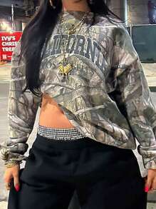 INAWLY 休闲街头风格迷彩字母印花宽松圆领运动衫女式套头衫秋季