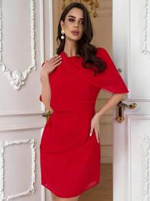 SHEIN Privé Women's Elegant Minimalist Charming Fashion Commuting Date Daily Wear Chiffon Draping Collared High Waist A-Line Black Mini Dress