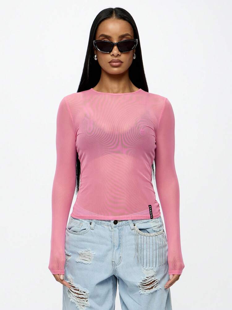 SUMWON WOMEN Fitted Mesh Crop Top Sheer Layering