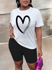 Slaydiva 2 pièces/Set T-shirt col rond à imprimé cœur grande taille