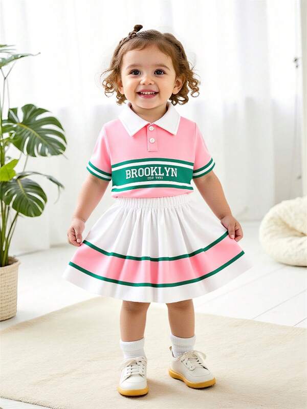 SHEIN Baby Girls' Colorful Printed Design Short Sleeve Polo Shirt & Striped Ruffle Hemline Set, Summer American College Style