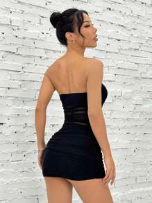 SHEIN EZwear Vestido tubo ajustado mini de mujer con empalme de malla y drapeado en unicolor - Negro - Ver 2