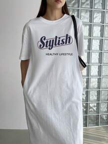 DAZY Slogan Graphic Drop Shoulder Tee Dress Sundress,Casual Women Dresses - White - View 5