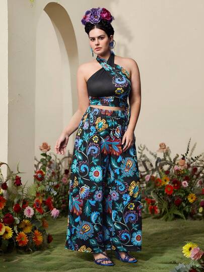 Frida Kahlo X SHEIN 2 件大码热带花卉印花黑色吊带上衣和裤子