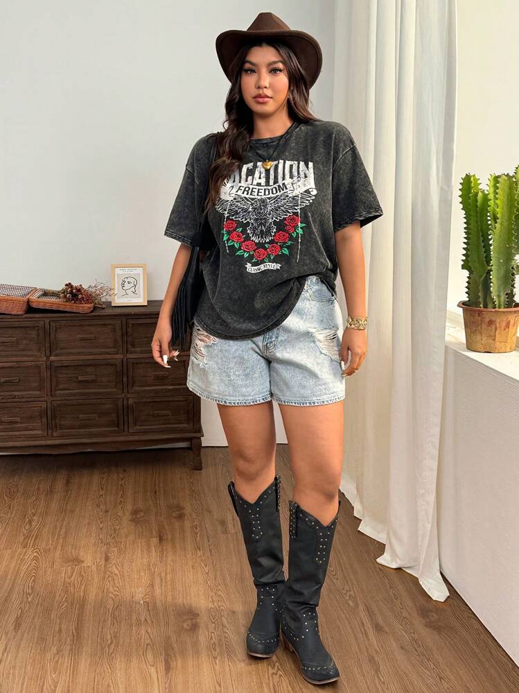 SHEIN EZwear Plus Size Vintage Faded Eagle & Rose Print Loose Cotton T-Shirt - Black - View 5