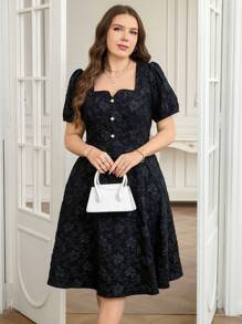 Reflora Plus Size Women's Fashion Elegant Black Square Neck Textured Fabric Short Sleeve Textured Puff Sleeve Front Button Design Waist A-Line Long Dress