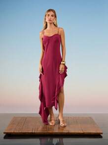 SHE(IN) BRASIL Solid Ruffle Hem Cami Dress - Red - View 1