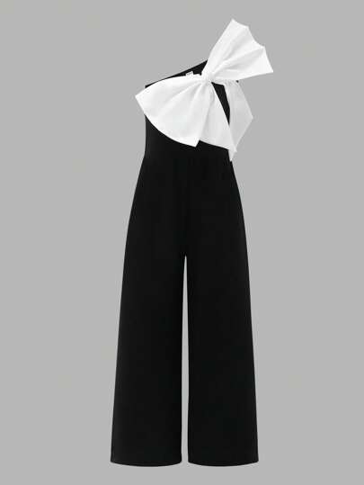 Young Girl Color Block Bow Decoration Sling Jumpsuit