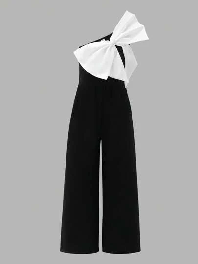 Young Girl Color Block Bow Decoration Sling Jumpsuit