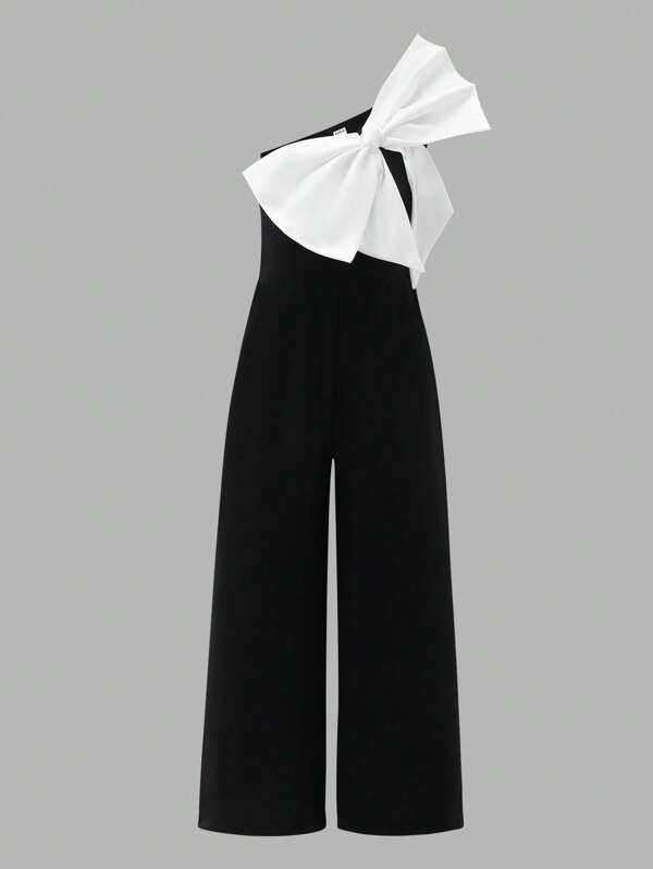 Young Girl Color Block Bow Decoration Sling Jumpsuit