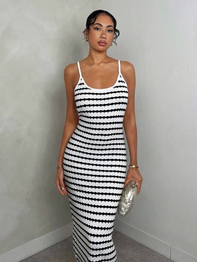 Glamine Mid-Length Black & White Stripe Camisole Knit Dress, Elegant & Charming, Spring/Summer Bodycon Dresses For Women Women Elegant Dresses Woman Dress