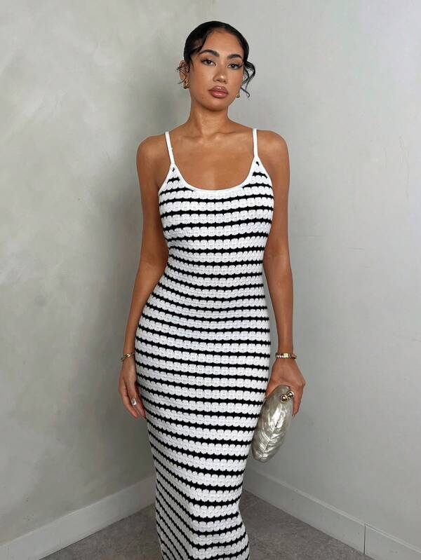 Glamine Mid-Length Black & White Stripe Camisole Knit Dress, Elegant & Charming, Spring/Summer Bodycon Dresses For Women Women Elegant Dresses Woman Dress