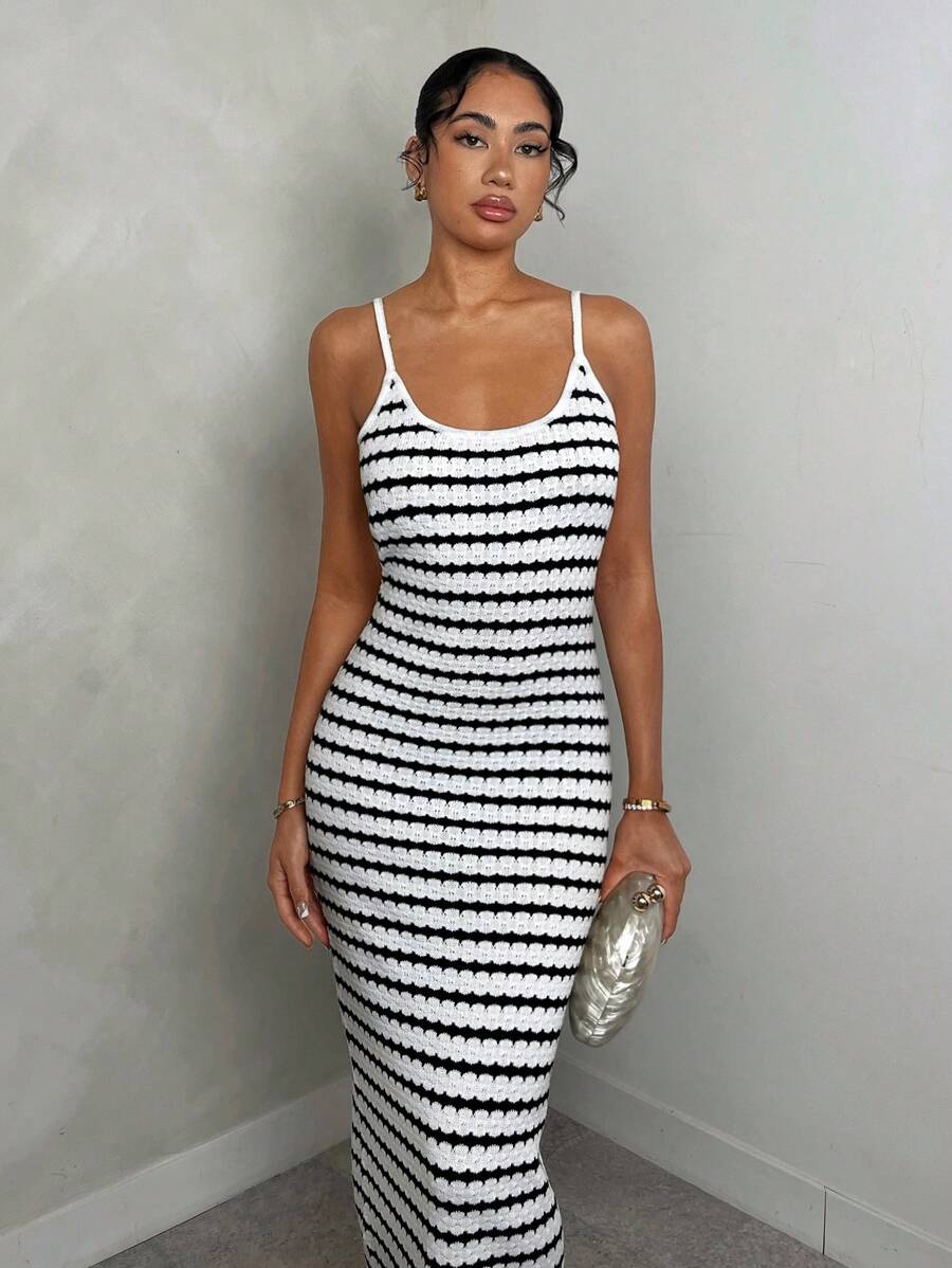 Glamine Mid-Length Black & White Stripe Camisole Knit Dress, Elegant & Charming, Spring/Summer Bodycon Dresses For Women Women Elegant Dresses Woman Dress - Black and White - View 1