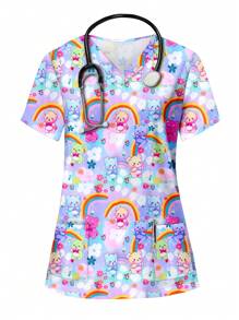 PopScrub Cute Cartoon Animal Pattern Women's V-Neck Short Sleeve Pocket Nurse Scrub Uniform Top, Scrubs Print V Neck Frosted Scrub Top, Casual Short Sleeve Work Wear, Women Sweetheart V-Neck Ruched Blouse, Women Short Sleeve V-Neck Nurse Scrub Uniform Shirt With 2 Pockets, Soft Stretchy Ruched Graphic Tee V-Neck Short Sleeve Blouse For Lady Wear Women's V-Neck Short Sleeve Double Pocket Cute Cartoon Animal Pink Heart Rabbit Print Simple Nurse Uniform Set/Doctor Work Uniform Set/ Examination & Surgery Uniform Set/Solid Color Pet Grooming Work Uniform Set/Nutritionist Work Uniform Short Sleeve Set/Functional Multi-Pocket Lab Work Uniform Top - Multicolor - View 1