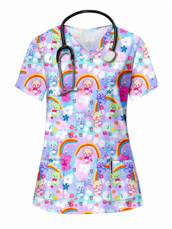 PopScrub Cute Cartoon Animal Pattern Women's V-Neck Short Sleeve Pocket Nurse Scrub Uniform Top, Scrubs Print V Neck Frosted Scrub Top, Casual Short Sleeve Work Wear, Women Sweetheart V-Neck Ruched Blouse, Women Short Sleeve V-Neck Nurse Scrub Uniform Shirt With 2 Pockets, Soft Stretchy Ruched Graphic Tee V-Neck Short Sleeve Blouse For Lady Wear Women's V-Neck Short Sleeve Double Pocket Cute Cartoon Animal Pink Heart Rabbit Print Simple Nurse Uniform Set/Doctor Work Uniform Set/ Examination & Surgery Uniform Set/Solid Color Pet Grooming Work Uniform Set/Nutritionist Work Uniform Short Sleeve Set/Functional Multi-Pocket Lab Work Uniform Top