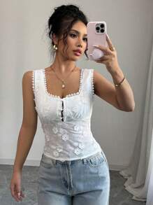 Selianne 女士优雅别致办公室休闲舒适度假无袖收腰后半襟荷叶边刺绣面料纯色衬衫