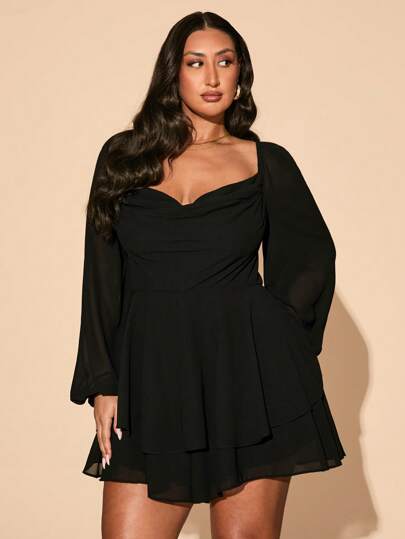SHEIN BAE Büyük Beden Kadınlar İçin İlkbahar/Yaz Uzun Kollu Günlük/Festival/Randevu/Parti Bol Drapeli Yaka Büzgülü Yırtmaçlı Siyah Düz A Kesim Saten Tatlı Seksi Tatil Tulumu