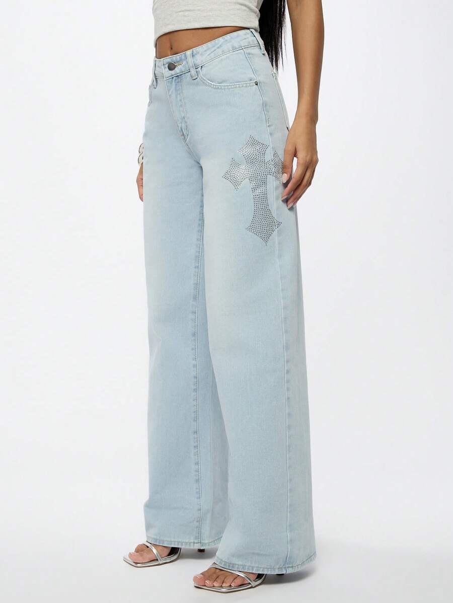 SUMWON WOMEN 十字绣水洗阔腿牛仔裤 - 淺藍色 - 查看 1