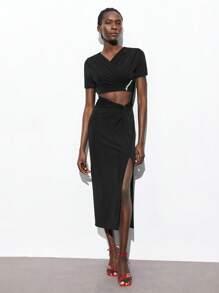 Maija Áo crop top hở vai tay ngắn màu đen mới 2025, đơn giản thời trang đa năng phong cách mùa hè lễ hội âm nhạc kỳ nghỉ bãi biển giản dị lãng mạn khu nghỉ dưỡng đô thị thích hợp cho tiệc đi chơi tiệc cưới khách mời mùa tốt nghiệp cổ điển - màu đen - Xem 5