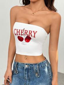 SHEIN PETITE 3 stuks/set witte kersenprint tubetop, rode effen tubetop, zwarte strass strik decor tubetop