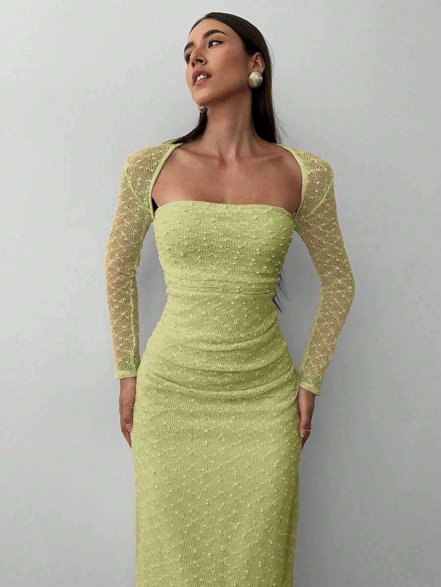 Aloruh 全新优雅方领提花针织女式连衣裙 - 綠色 - 查看 1