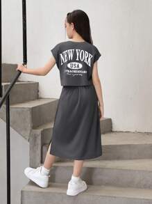 SHEIN Tween Girl 宽松休闲背印花开衩圆领落肩中长连衣裙 - 深灰色 - 查看 1