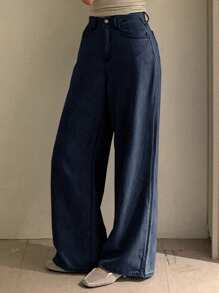 DAZY 女式加大码宽松阔腿长牛仔裤 - 深色水洗藍 - 查看 2