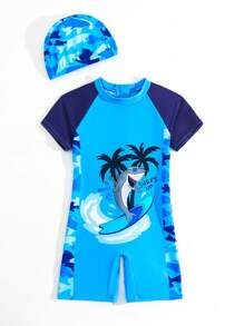 SHEIN Young Boy Cute Cartoon Shark Print Raglan Sleeve Swimsuit With Swim Cap