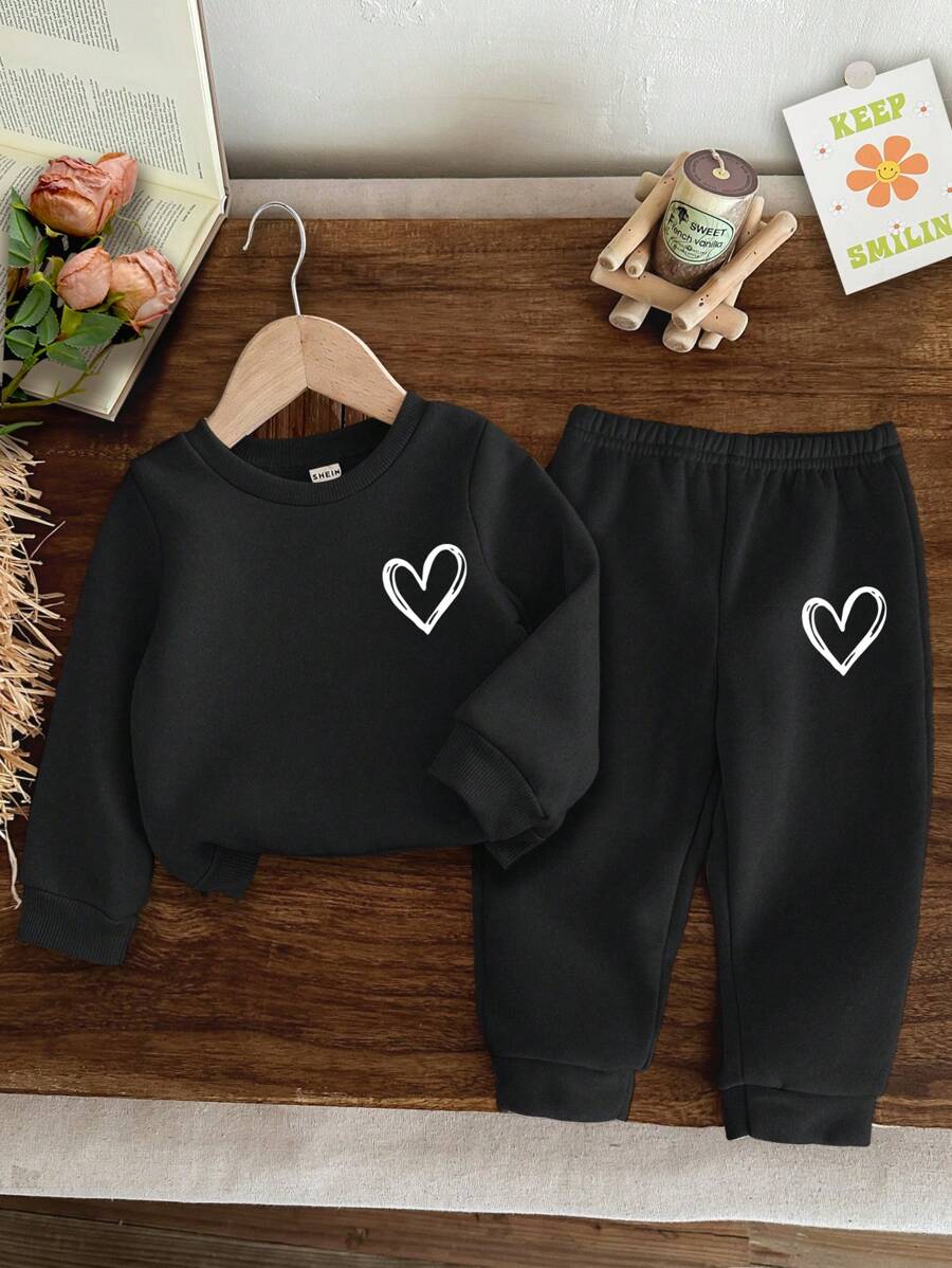 SHEIN 女宝宝针织柔软套头休闲装，厚款，适合秋冬季 - 黑色 - 查看 1