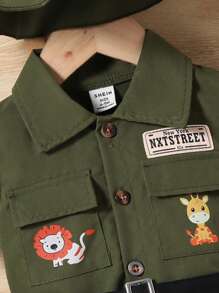 SHEIN Infant & Toddler Boys Cute Jungle Animal Print Romper With Hat, Casual Outfit For Daily Wear, Outings, Parties, Vacation, Suitable For Spring/Summer (No Belt) - Army Green - View 4