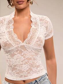 SHEIN BAE Ladies Deep V-Neck Contrast Lace Short Sleeve Tee Shirt, Sexy Lace Blouse, Valentine's Day Tops, White Lace Tops, Casual Office Wear, Holiday Lace Tops