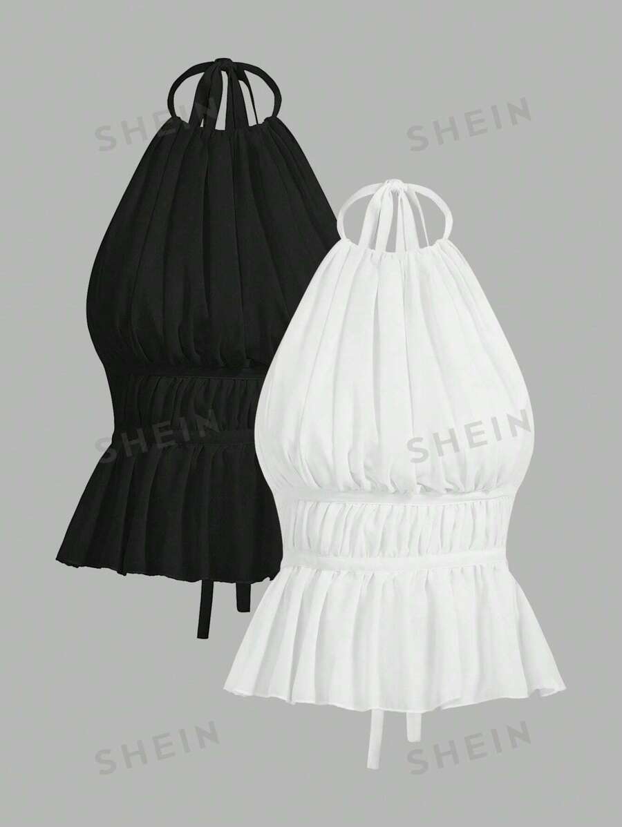 SHEIN EZwear Top de tirantes de cuello halter de unicolor para mujer, minimalista y de moda, adecuado para el verano