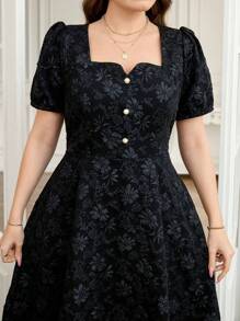Reflora Plus Size Women's Fashion Elegant Black Square Neck Textured Fabric Short Sleeve Textured Puff Sleeve Front Button Design Waist A-Line Long Dress