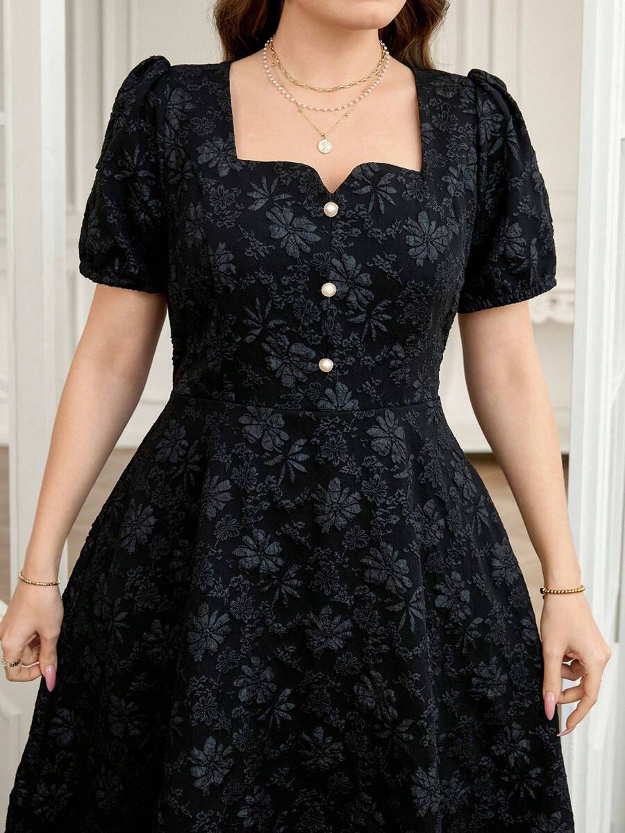 Reflora Plus Size Women's Fashion Elegant Black Square Neck Textured Fabric Short Sleeve Textured Puff Sleeve Front Button Design Waist A-Line Long Dress