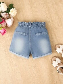 Young Girl Casual Washed Blue Loose Drawstring Waist Denim Shorts With Frayed Hem, Versatile And For Everyday Wear - Medium Wash - View 2
