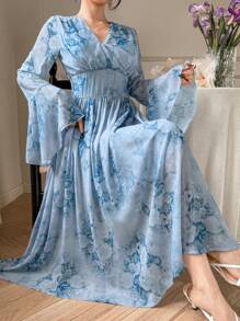 DAZY Spring Floral V-Neck Ruffle Hem Mid-Length Dress For Women,Fall Dress Long Sleeve Dress Easter - Blue - View 5