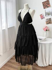 Sweetra 大码女式黑色镂空优雅浪漫度假深 V 领细肩带分层下摆连衣裙 - 黑色 - 查看 3