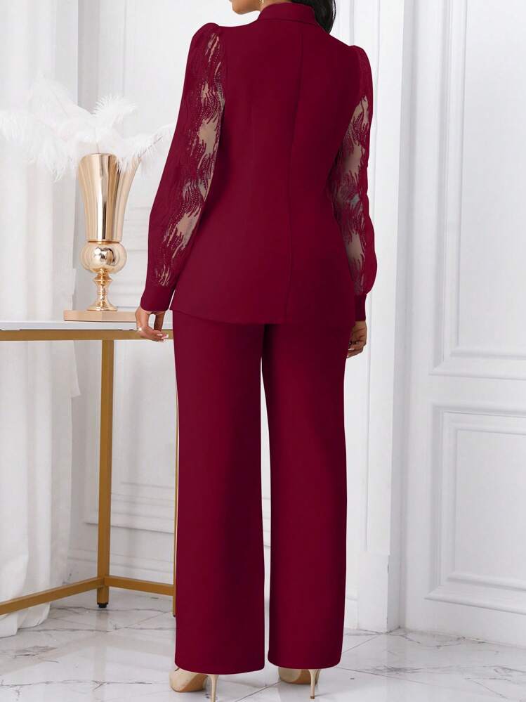Xyvia 2pcs/Set Women's Lace Trim Button Decor Waist Fitted Top Set Fall Cloth For Women - Burgundy - View 2