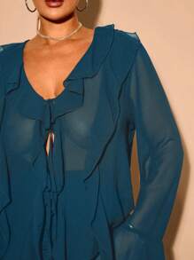 SHEIN BAE Plus Size Fall Elegant Sweet Sexy Women Blue Chiffon Ruffles Decoration Fit Long Sleeve Top Shirt Daily Wear See-Through