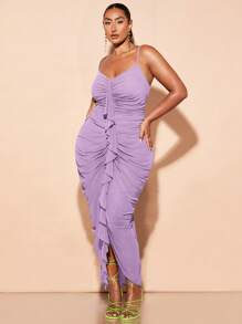 SHEIN BAE 加大码女式褶皱胸部修身性感优雅 V 领连衣裙，带荷叶边，适合春夏季度假海滩、女士生日礼服 - 淡紫色 - 查看 1