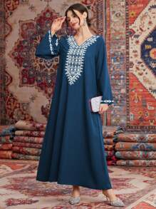 Al Najma Abito lungo con scollo a V, maniche lunghe, dritto e morbido, con motivo geometrico, in stile arabo