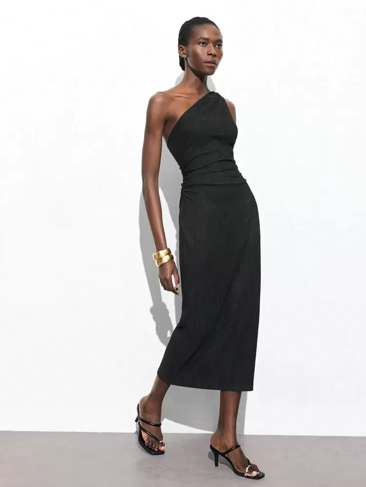 SHEIN Maija 2025 New Asymmetrical Cut Asymmetric Shoulder Design, Waist Cinching Detail, Music Festival Beach Vacation Daily Casual Romantic Urban Vacation Suitable For Going Out, Party, Wedding, St. Patrick's Day, Break, Easter, Ladies Dress,Autumn Outfits For Women