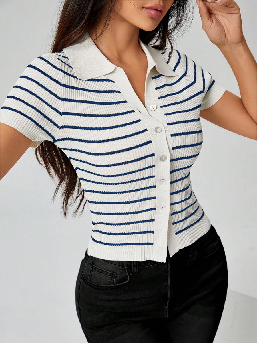 SHEIN PETITE Women's Lapel Preppy Striped Button-Down Sweater - Multicolor - View 1