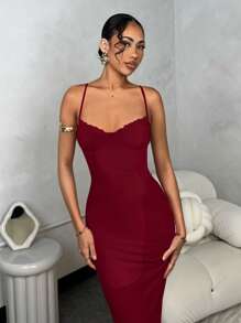 SHEIN BAE 春夏纯色加长杯撞色紧身网眼女式毕业礼服 - 酒紅色 - 查看 5