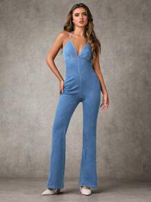 SHEIN BAE 女士牛仔背带裤和连体裤，简约时尚的设计，适合夏季 - 淺色水洗藍 - 查看 6