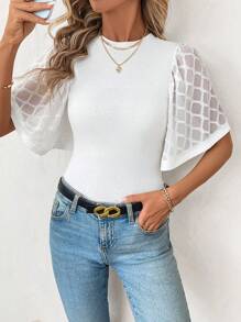 SHEIN Clasi Round Neck Ruffle Sleeve Form-Fitting Women Short Sleeve T-Shirt - White - View 7