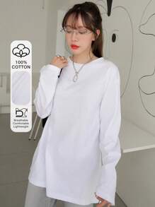 DAZY Solid Drop Shoulder Tee,Fall Clothes Long Sleeve Women Tops - White - View 1